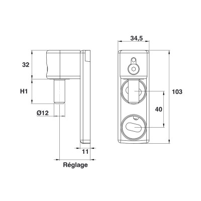 Gond multiréglage deux points en cupro-aluminium déport 34 à 77 mm.