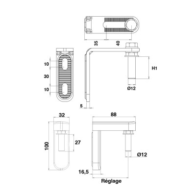 Gond Equ'Inox vertical réglable de 34 à 74 mm avec cache en composite.