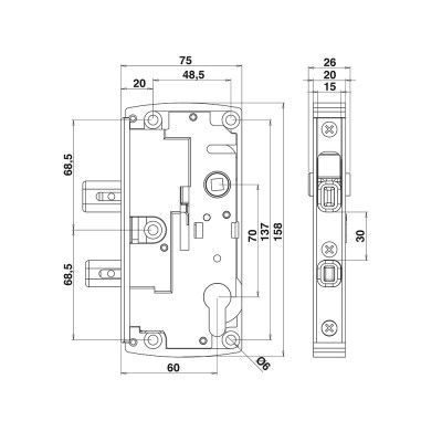 Serrure en applique réversible avec pêne levant.