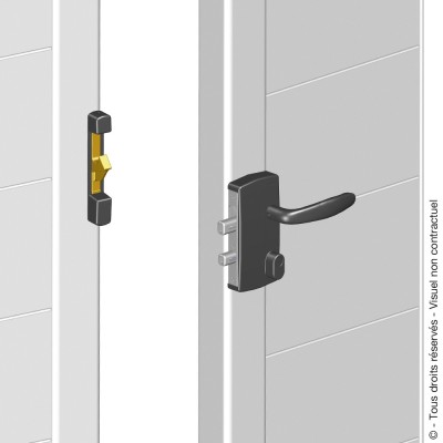 Serrure en applique réversible avec pêne levant.