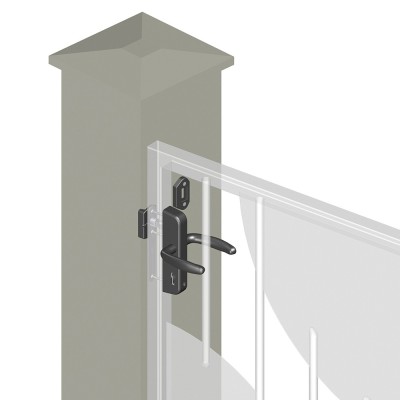 Ensemble gâche et butée en composite pour serrure de portillon.